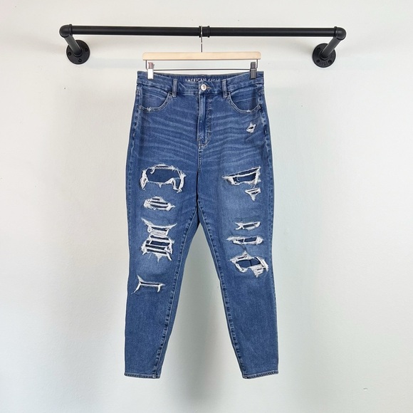 American Eagle The Dream Jean Curvy High Rise Jeggings Patched Ripped 12 SHORT - Picture 2 of 6